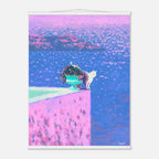 Artistic depiction of a cat on a pink and blue sea background
