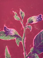 Artistic depiction of a belladonna plant with green leaves and purple flowers on a red background, detailed close up.