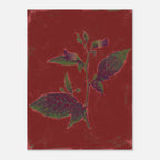 Unframed art print of a plant with green leaves and purple flowers on a red background