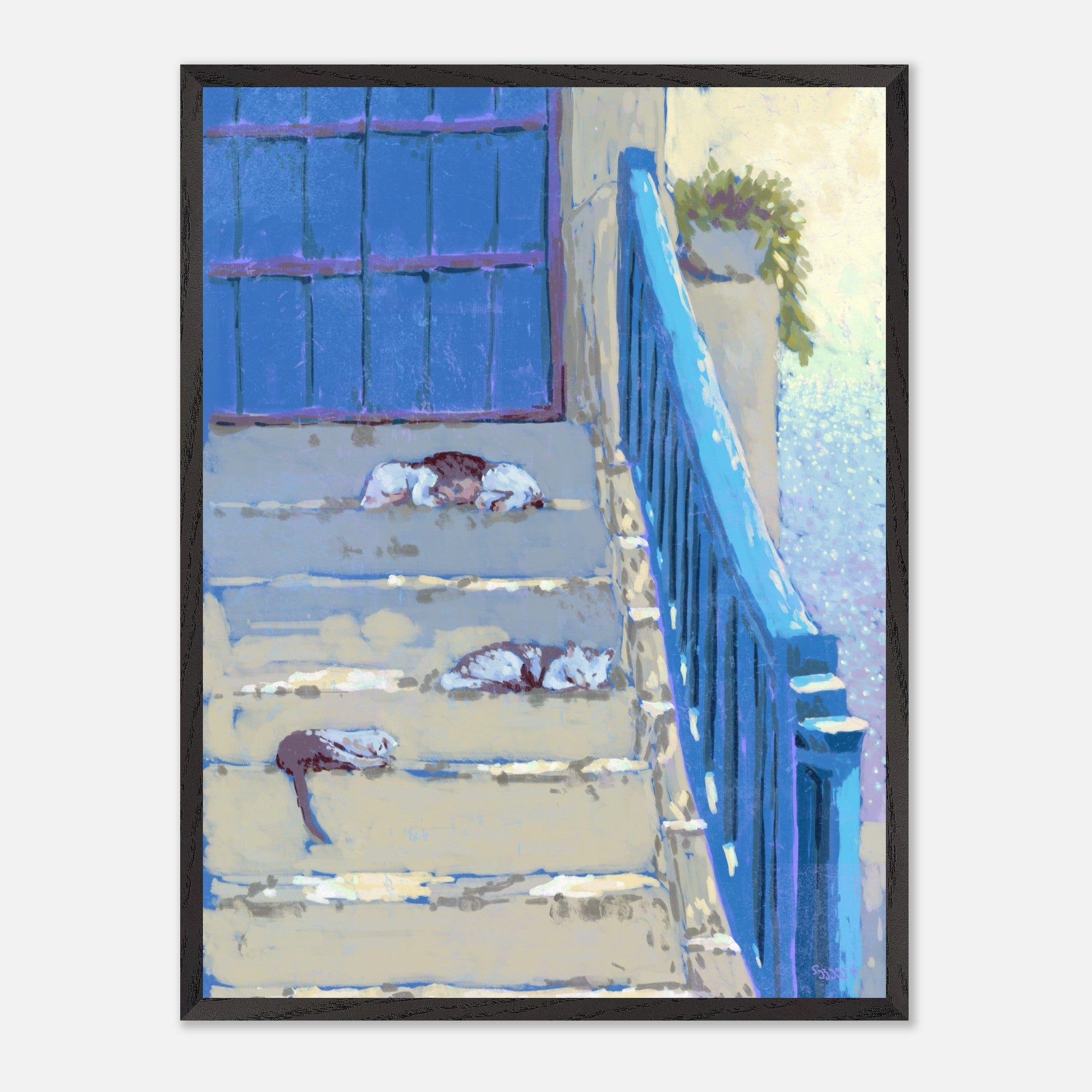 Framed artwork of a blue door and staircase with sleeping cats on steps