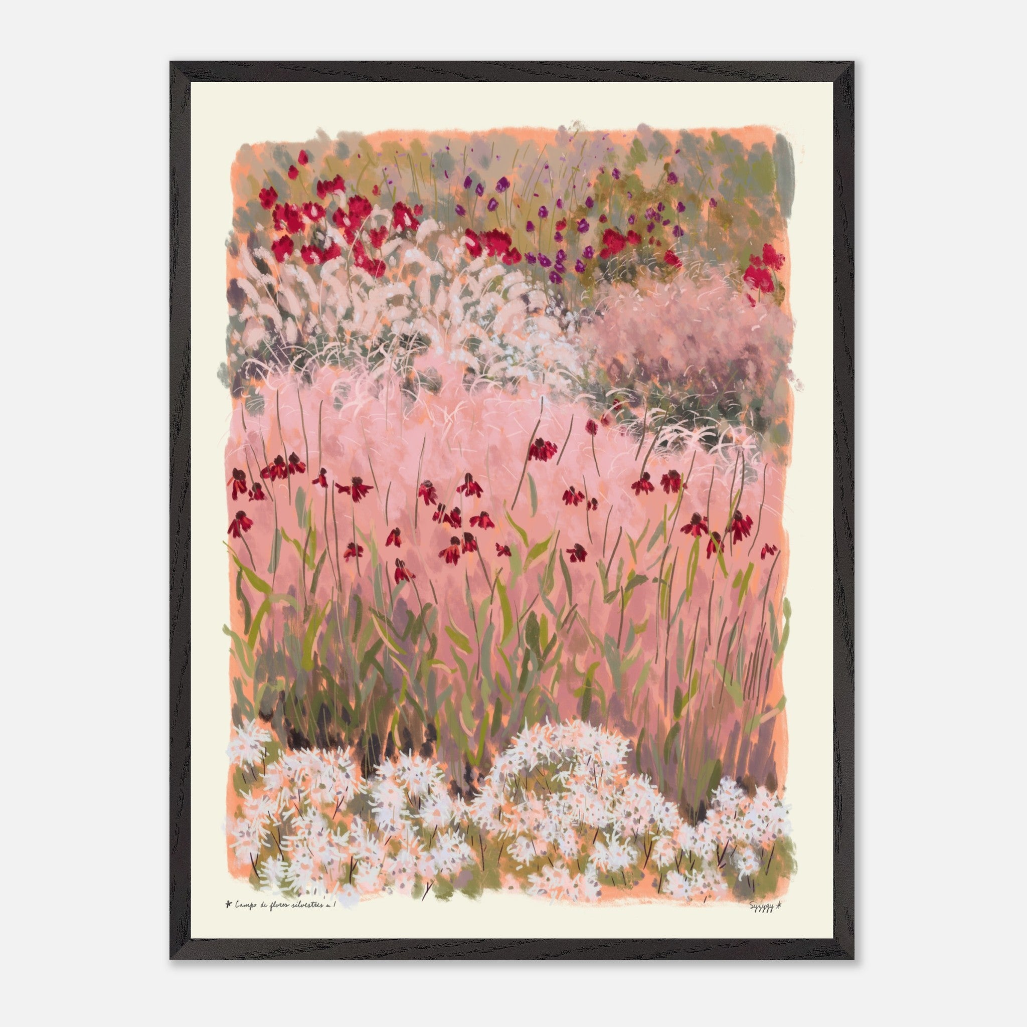 Framed artwork of a floral landscape with pink and red flowers on a white background