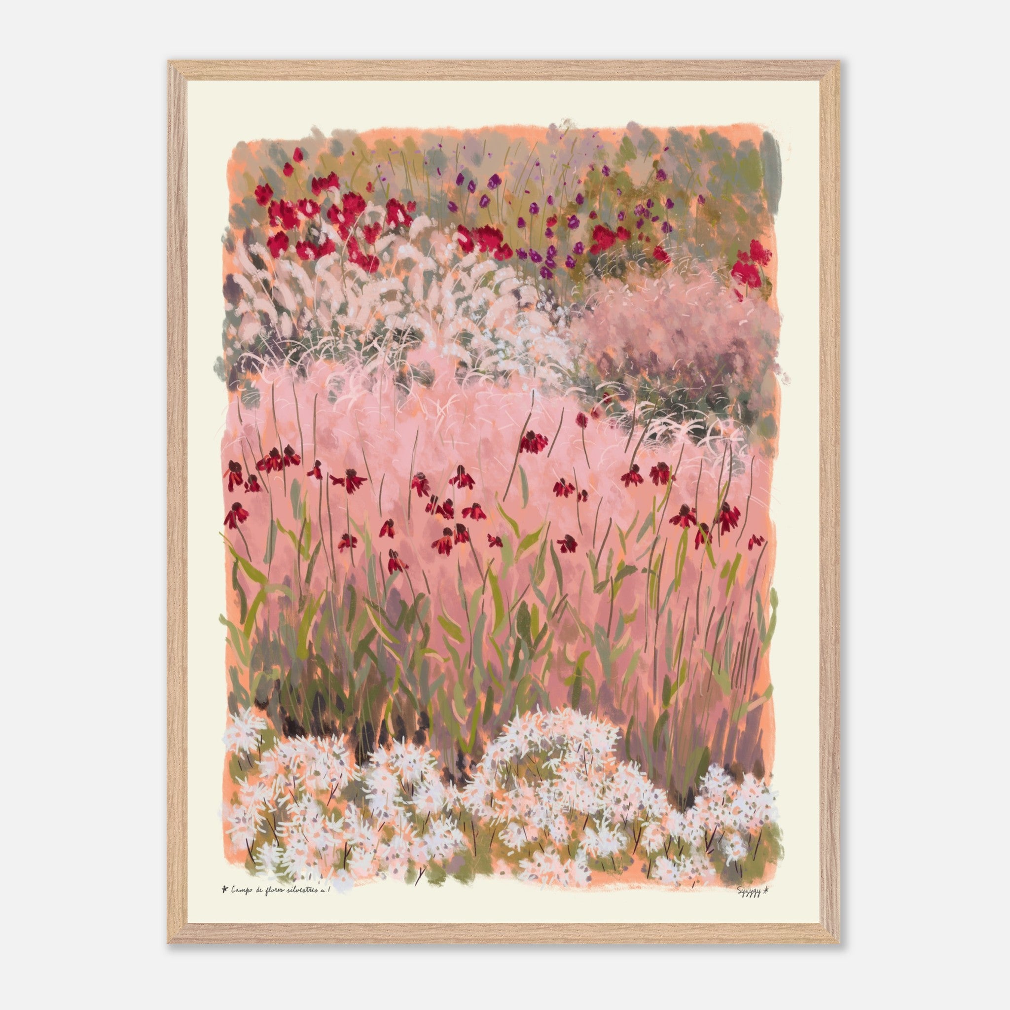 Framed artwork of a floral landscape with pink and green tones on a white background