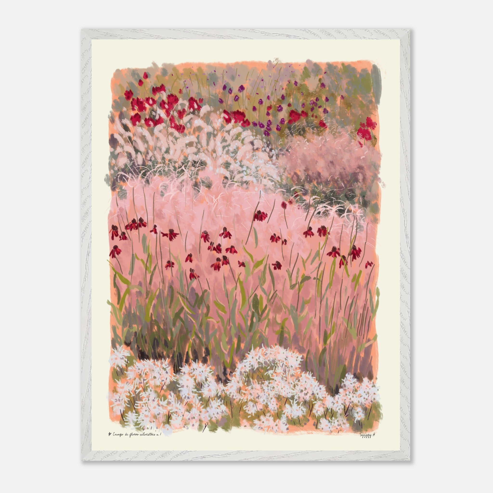 Framed artwork of a floral landscape with pink and green tones.
