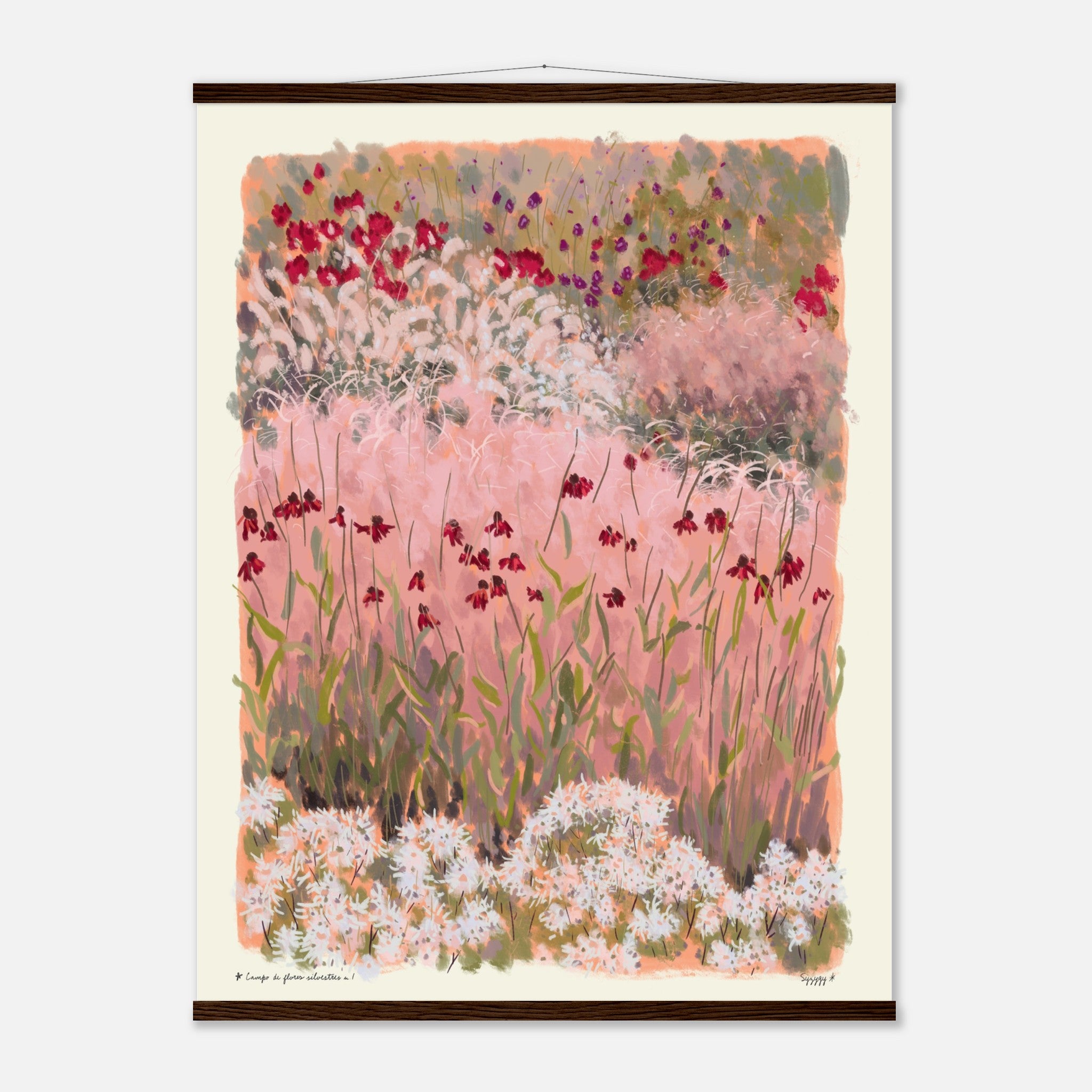 Artistic depiction of a field of flowers with a pinkish background