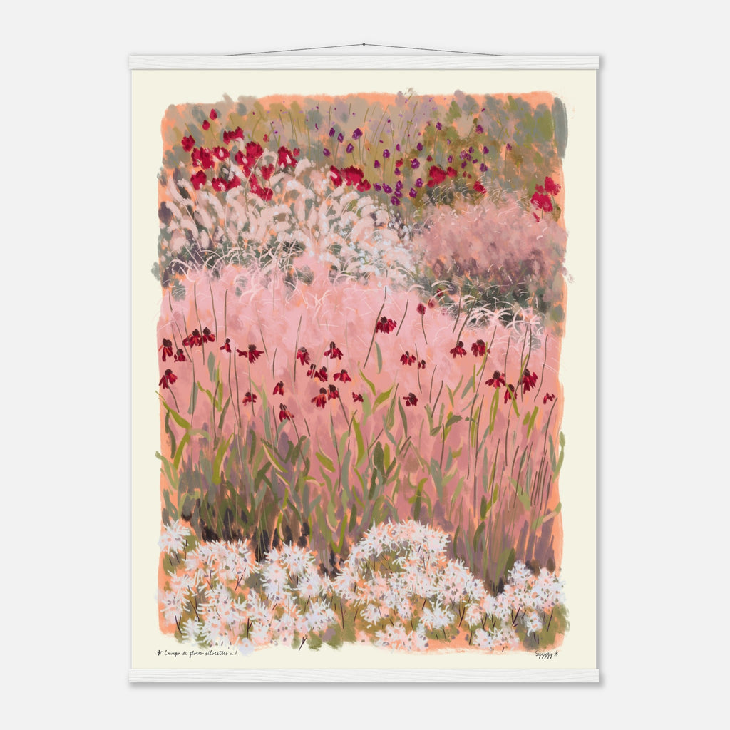 Artistic depiction of a field of flowers with red, white, and green colors on a light background.