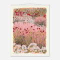 Artistic depiction of a field of flowers with red, white, and green colors on a light background.