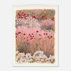Artistic depiction of a field of flowers with red, white, and green colors on a light background.