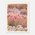 Artistic depiction of a floral landscape with pink and white flowers on a light background