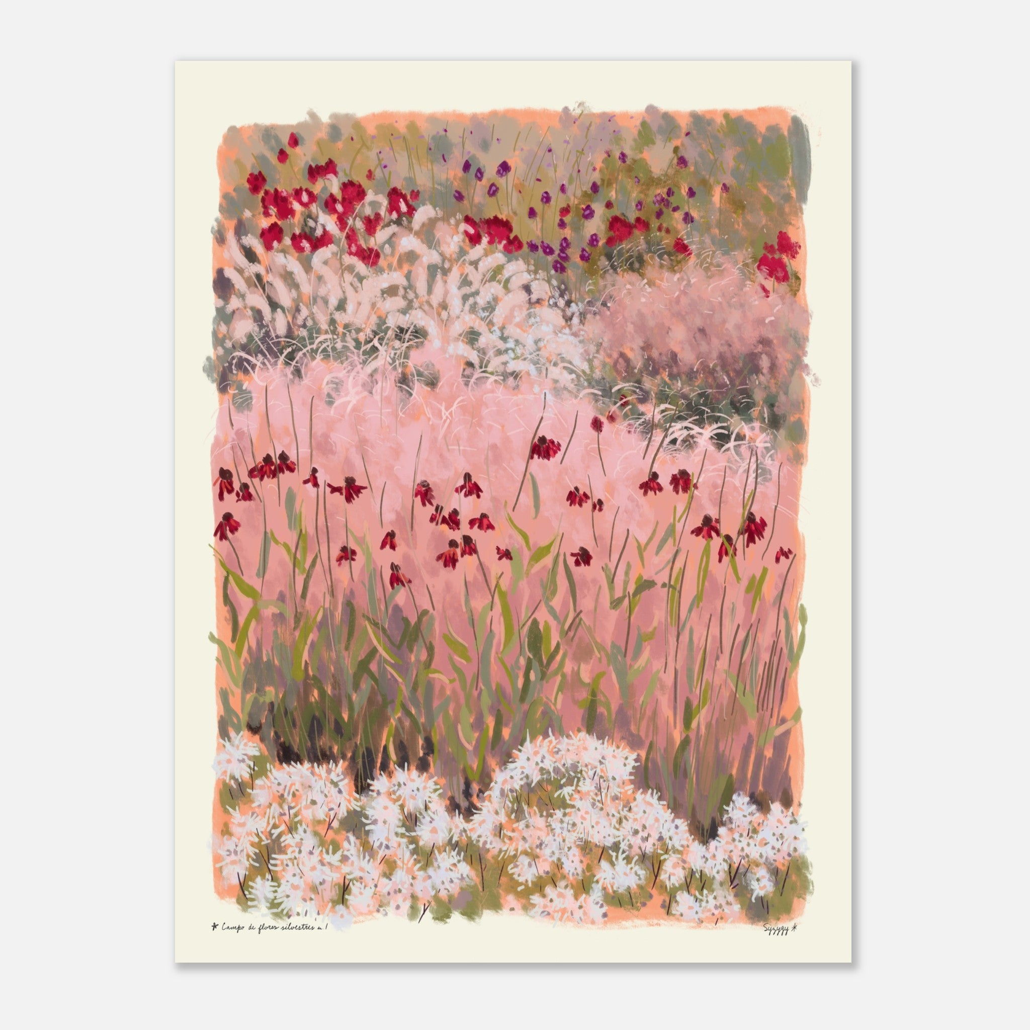 Artistic depiction of a floral landscape with pink and white flowers on a light background
