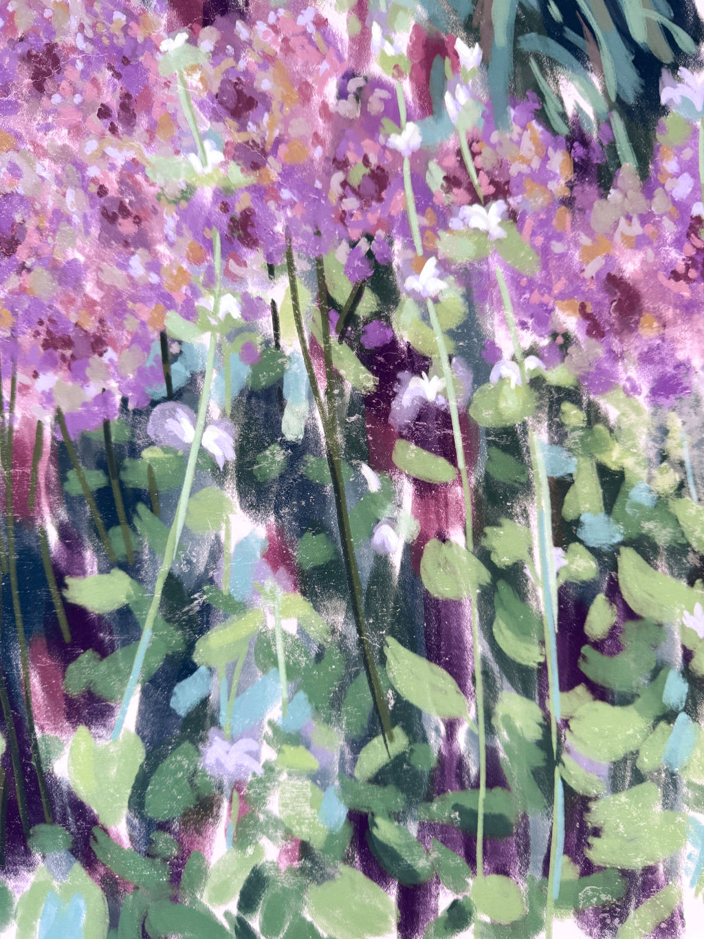 Artistic depiction of purple flowers with green leaves