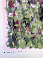 Artistic depiction of wildflowers with green leaves and pinkish-purple stems on a light pink background.