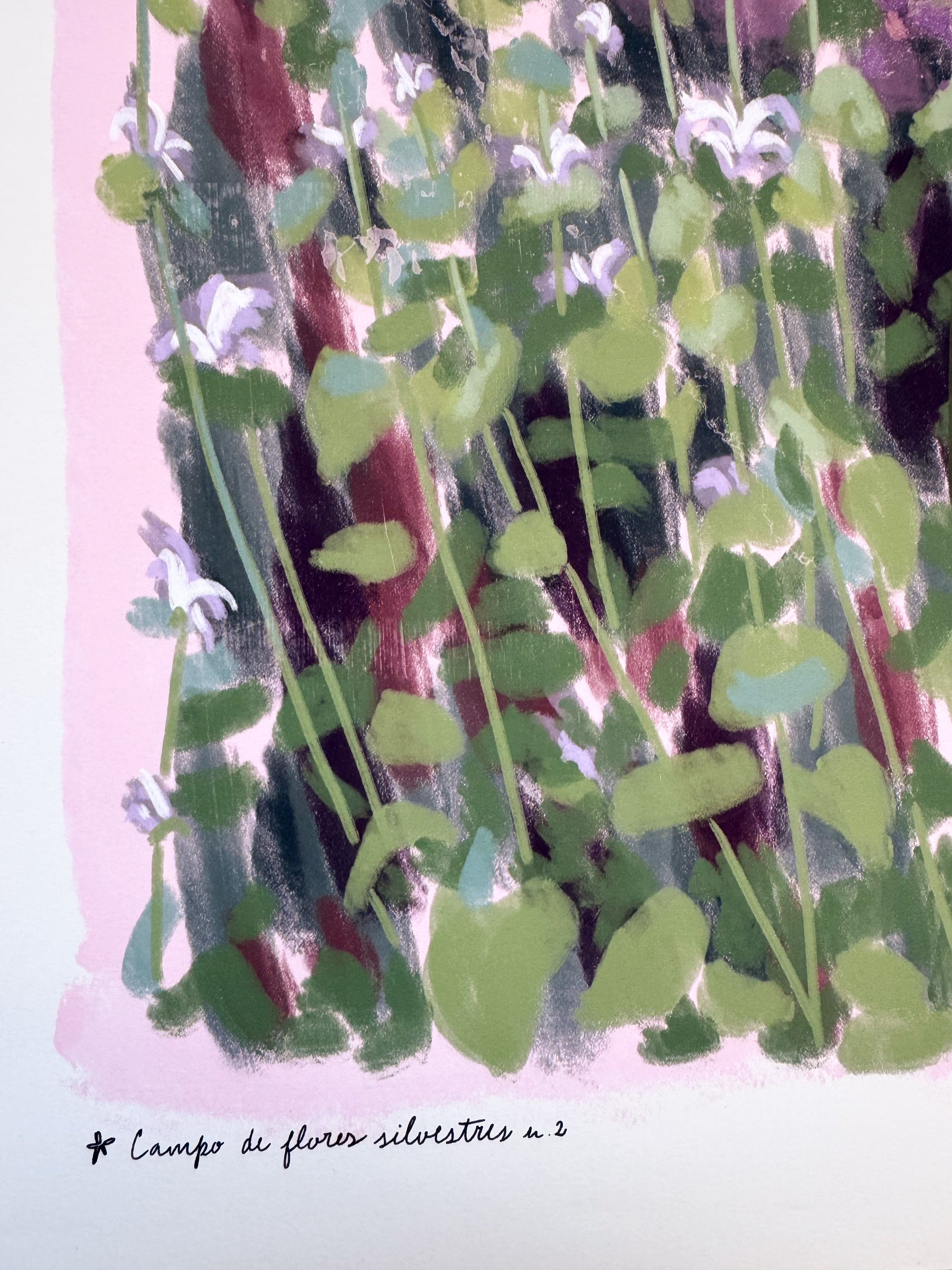 Artistic depiction of wildflowers with green leaves and pinkish-purple stems on a light pink background.