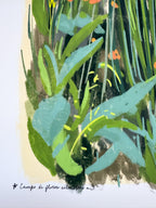 Abstract painting of green leaves and flowers on a light background