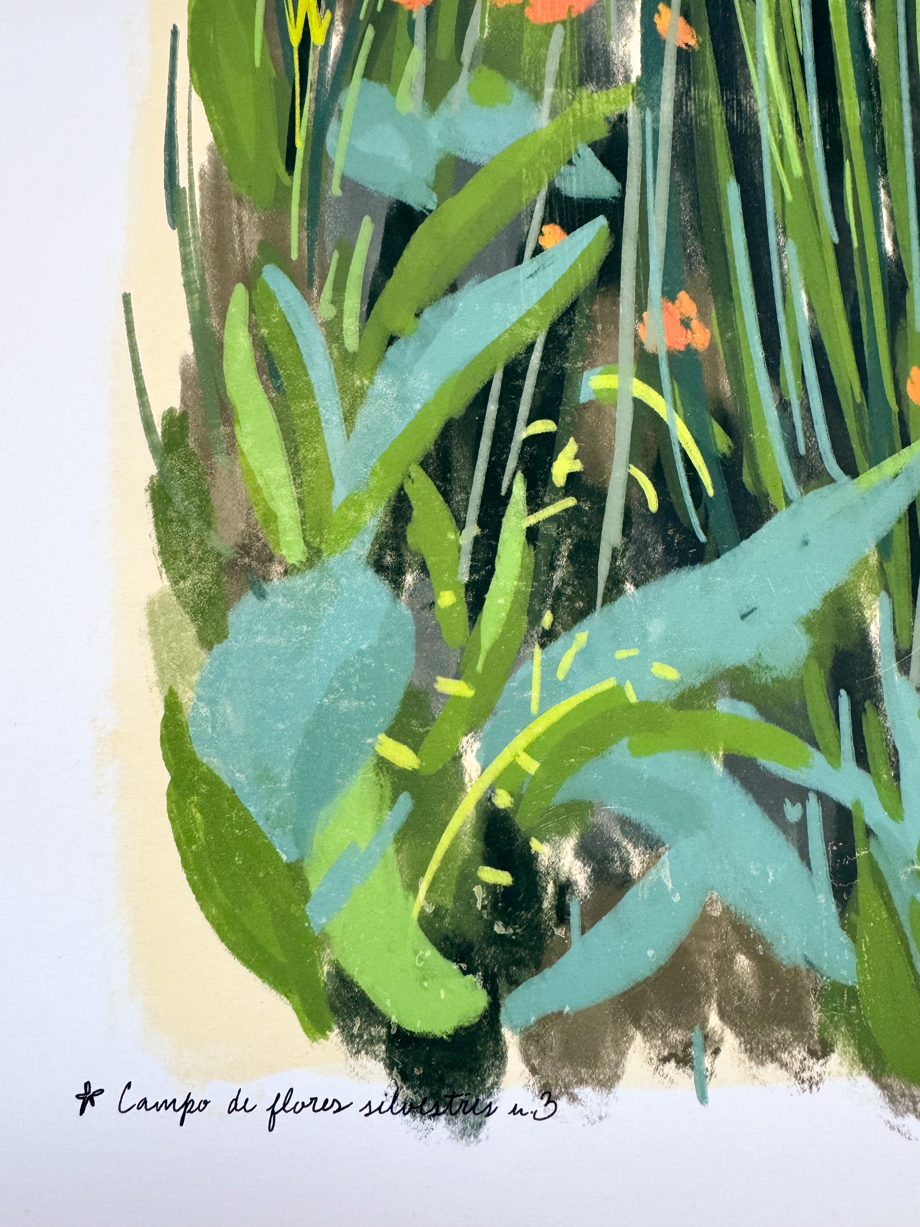 Abstract painting of green leaves and flowers on a light background
