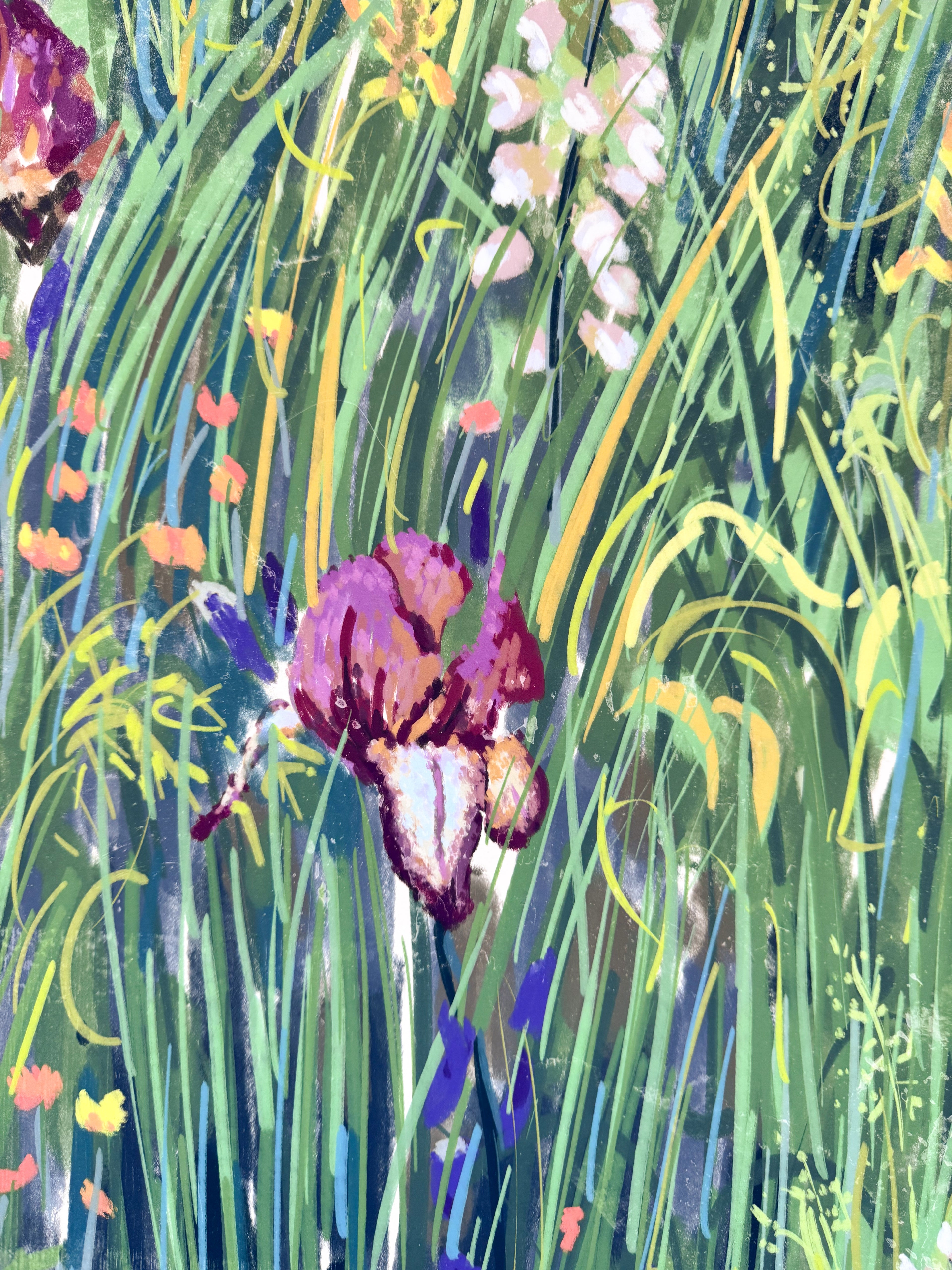 Colorful painting of irises and grasses with vibrant purple, green, and yellow hues.
