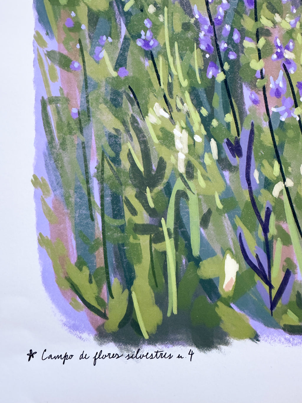 Artistic depiction of wildflowers with green leaves and purple flowers on a light blue background.