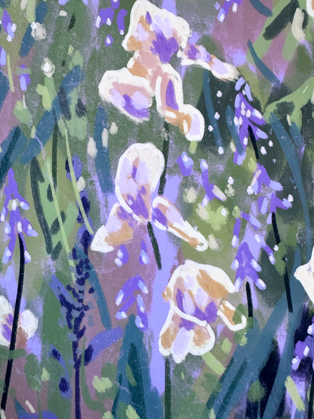 Artistic depiction of flowers with a focus on purple and green colors.