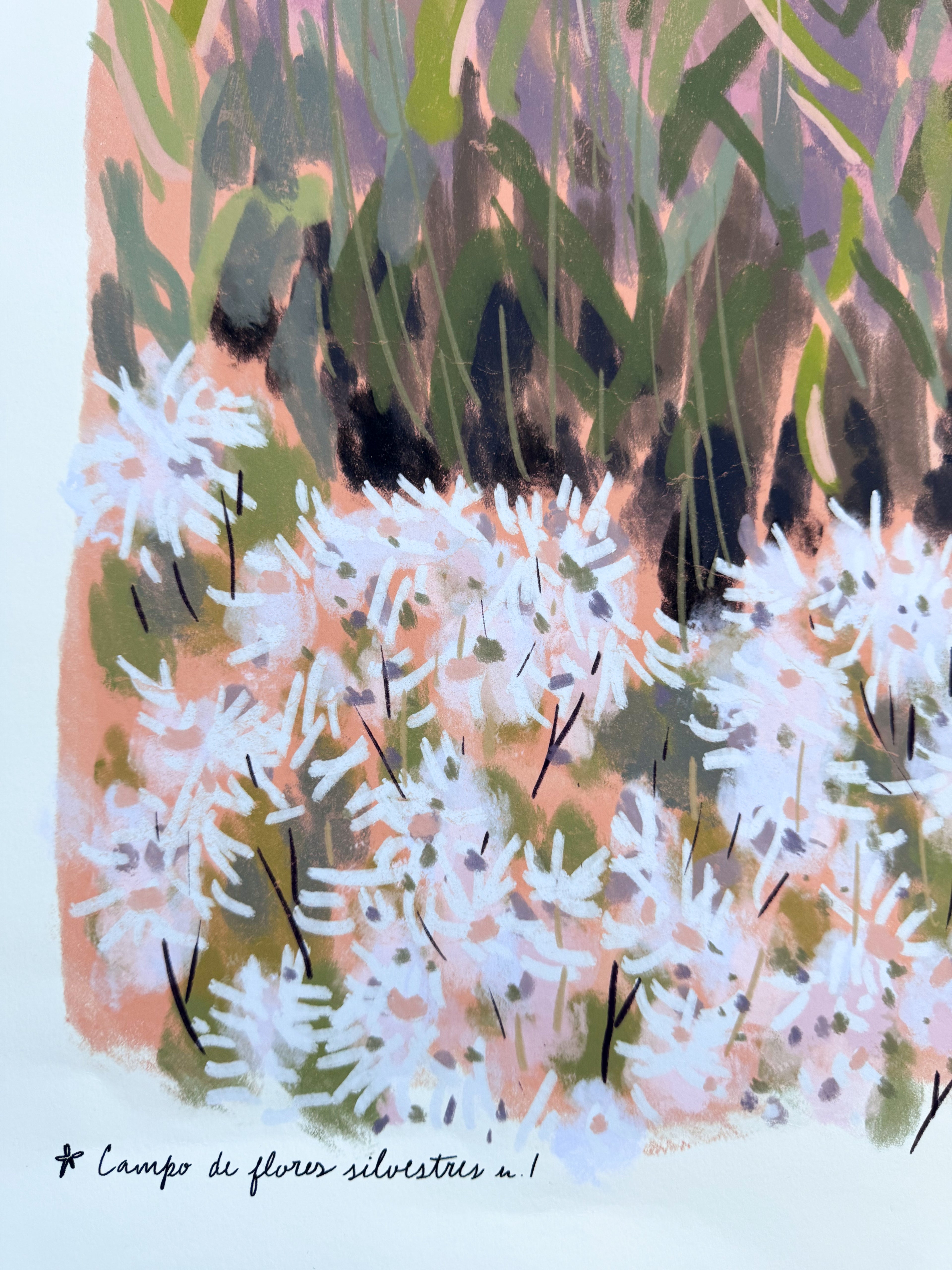 Artistic depiction of white flowers and green leaves on a textured background