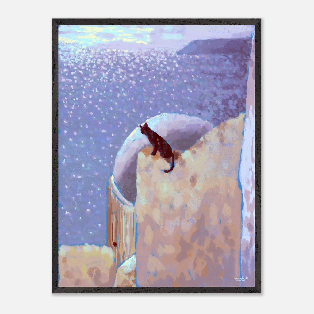 Framed artwork of a cat on a roof and the sea in the background