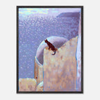 Framed artwork of a cat on a roof and the sea in the background