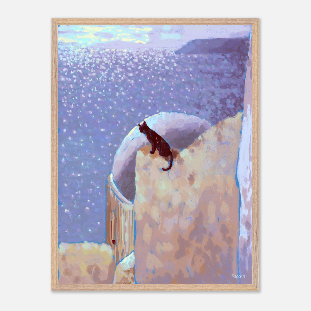 Framed artwork of a cat on a roof with a purple sea at the background
