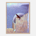 Framed artwork of a cat on a roof with a purple sea at the background
