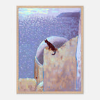 Framed artwork of a cat on a roof with a purple sea at the background