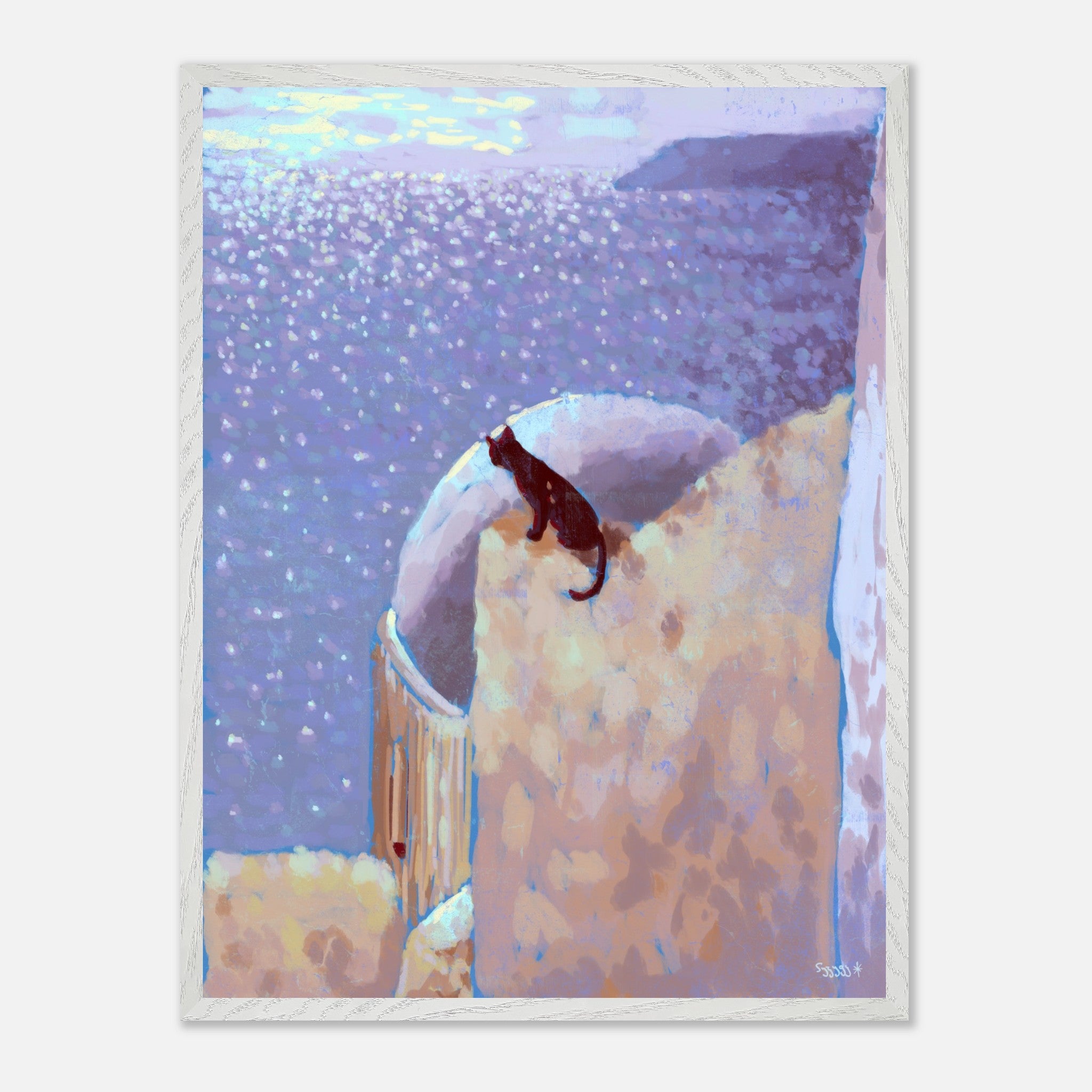 framed artwork of a cat on a roof and the sea in the background