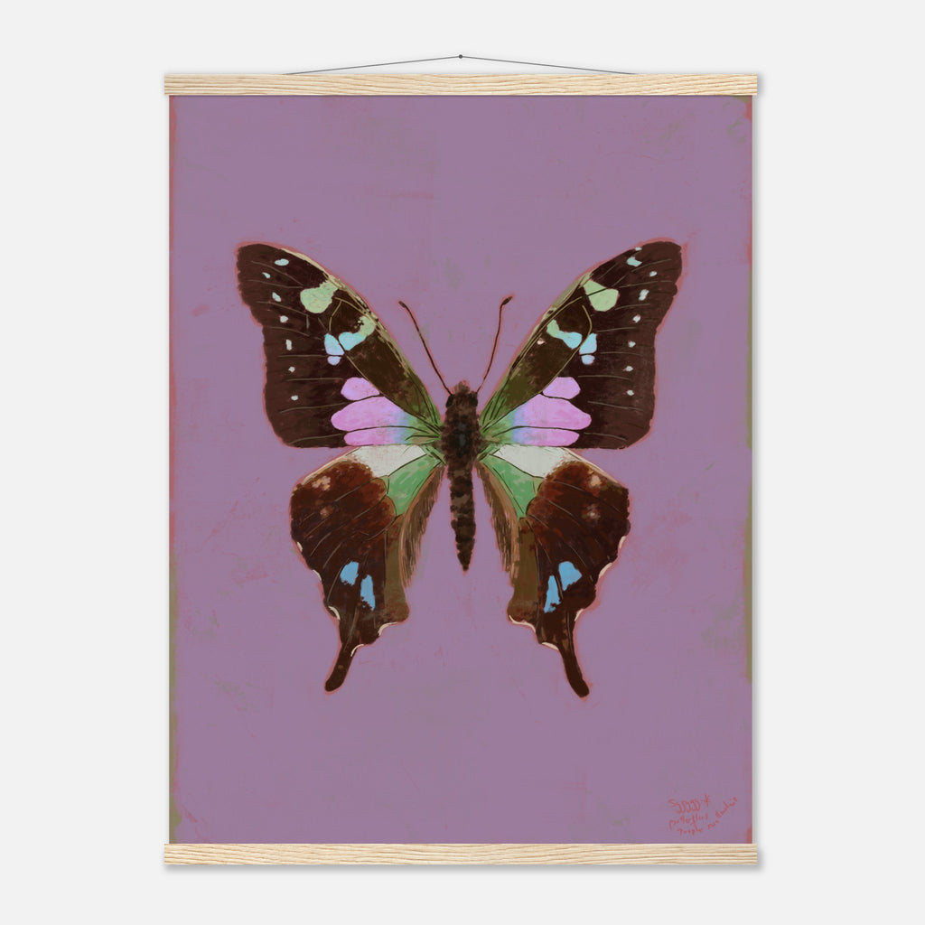 Butterfly artwork on a purple background with a wooden frame.