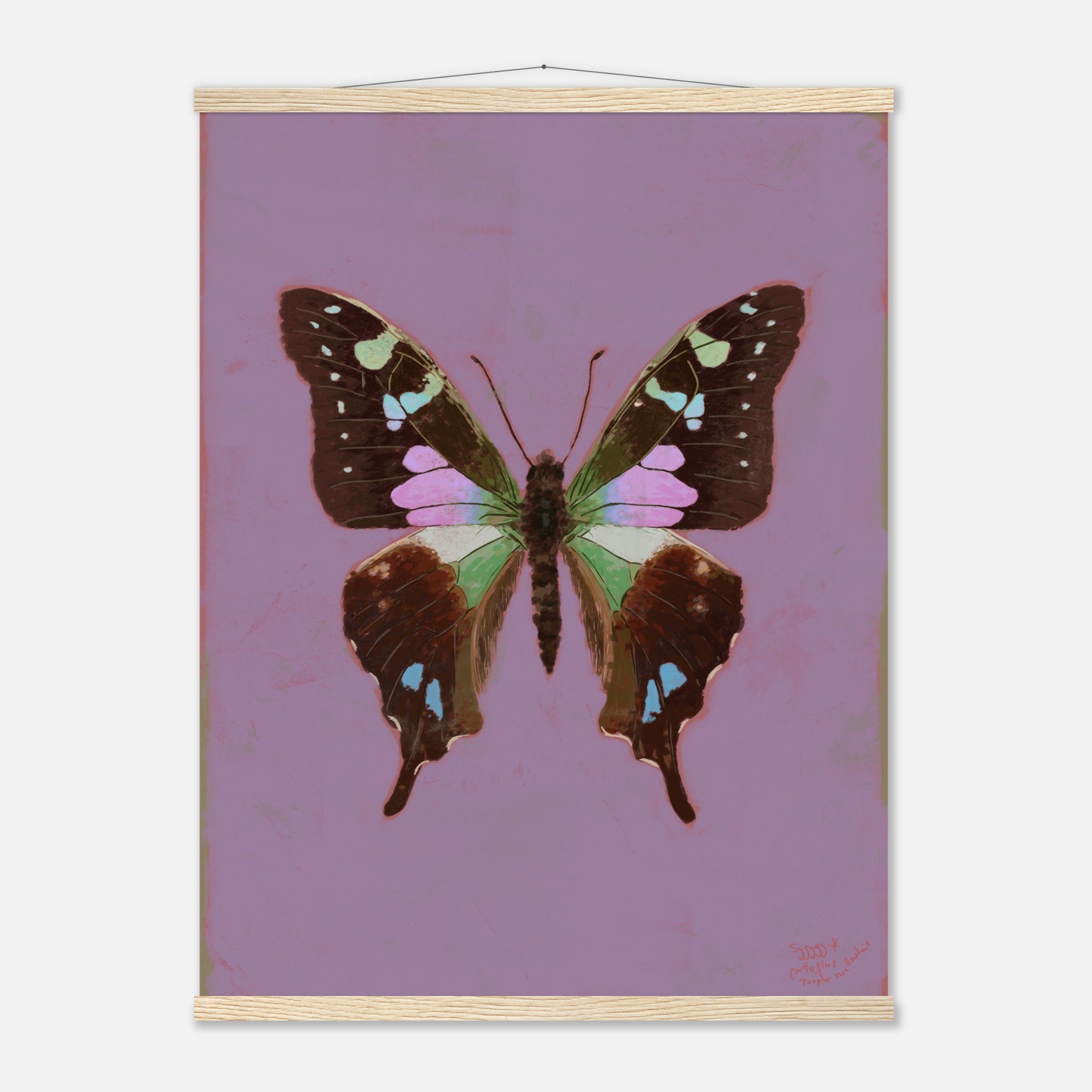 Butterfly artwork on a purple background with a wooden frame.