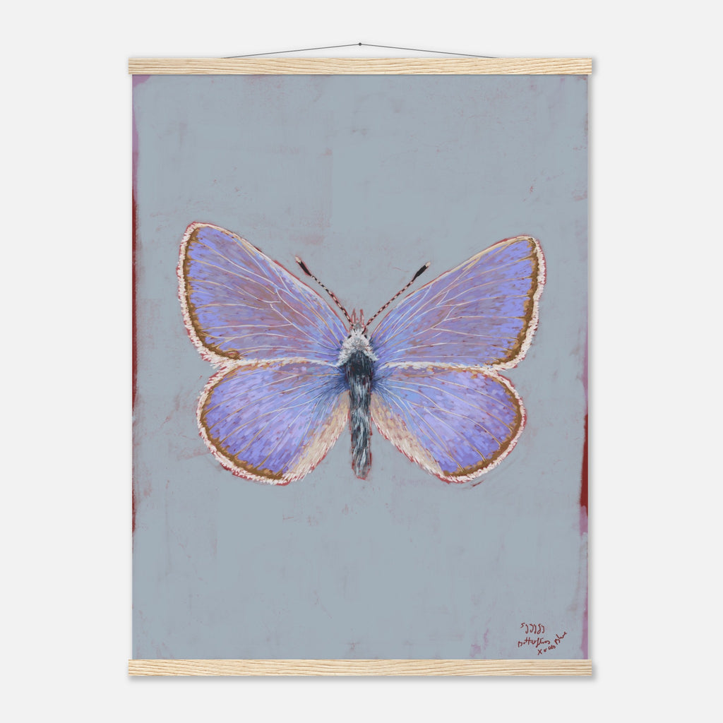 Butterfly painting on a gray background with a wooden frame