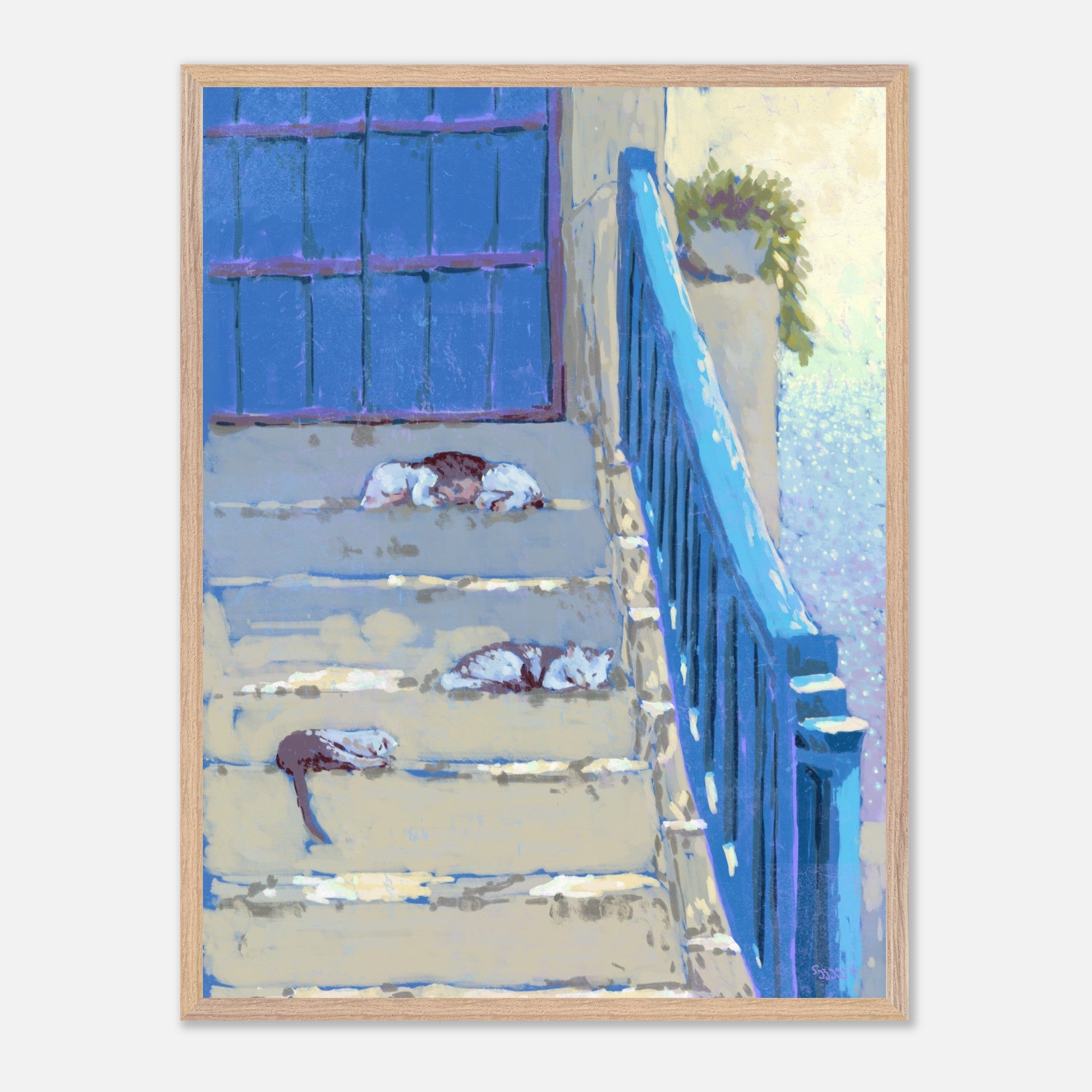 Framed artwork of a scene with blue doors and cats sleeping 