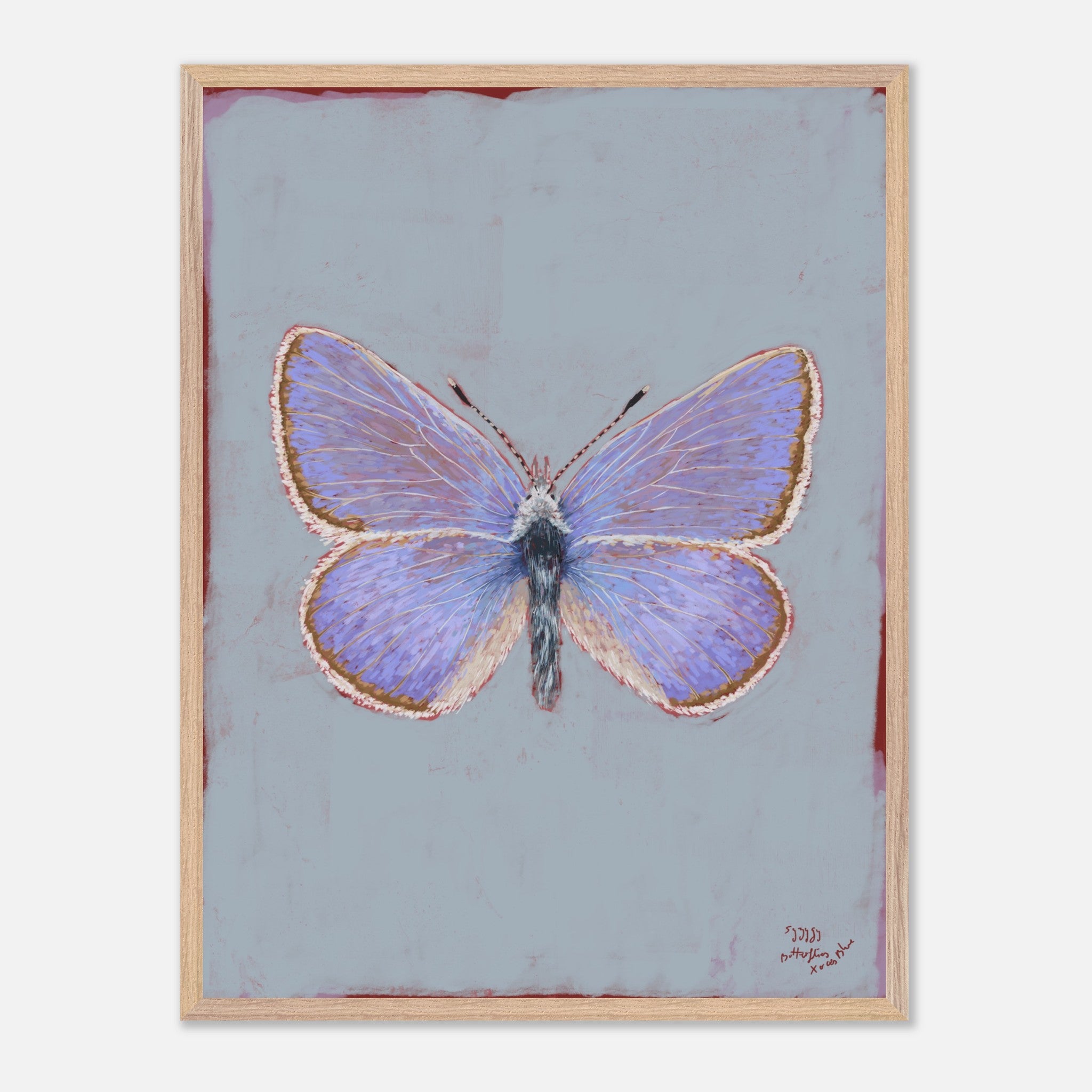 Framed artwork of a butterfly on a light blue background