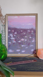 Video of an impressionistic art print of a purple floral field 