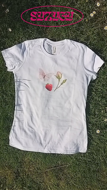 Coquette woman tee, retro butterfly strawberry rose top
