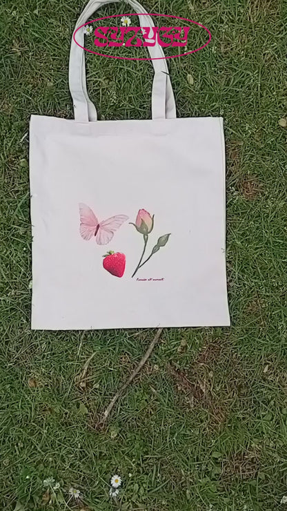 Coquette pink butterfly woman tote bag, soft girl retro rose shopper