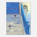 Painting of a blue door and staircase with a blue railing, and cats sleeping on the staircase