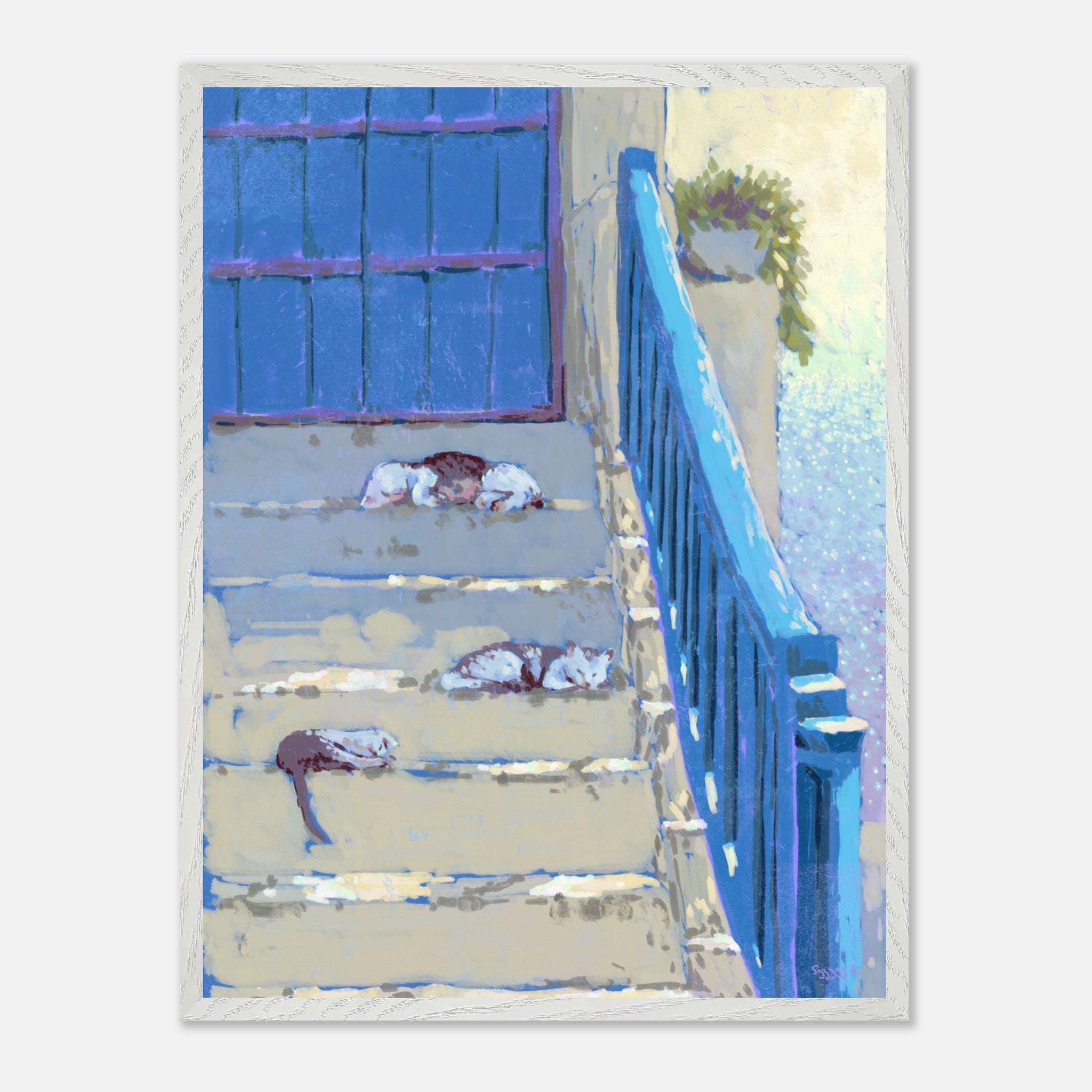 Art print of a scene with a blue door, blue railing, and cats sleeping on the staircase
