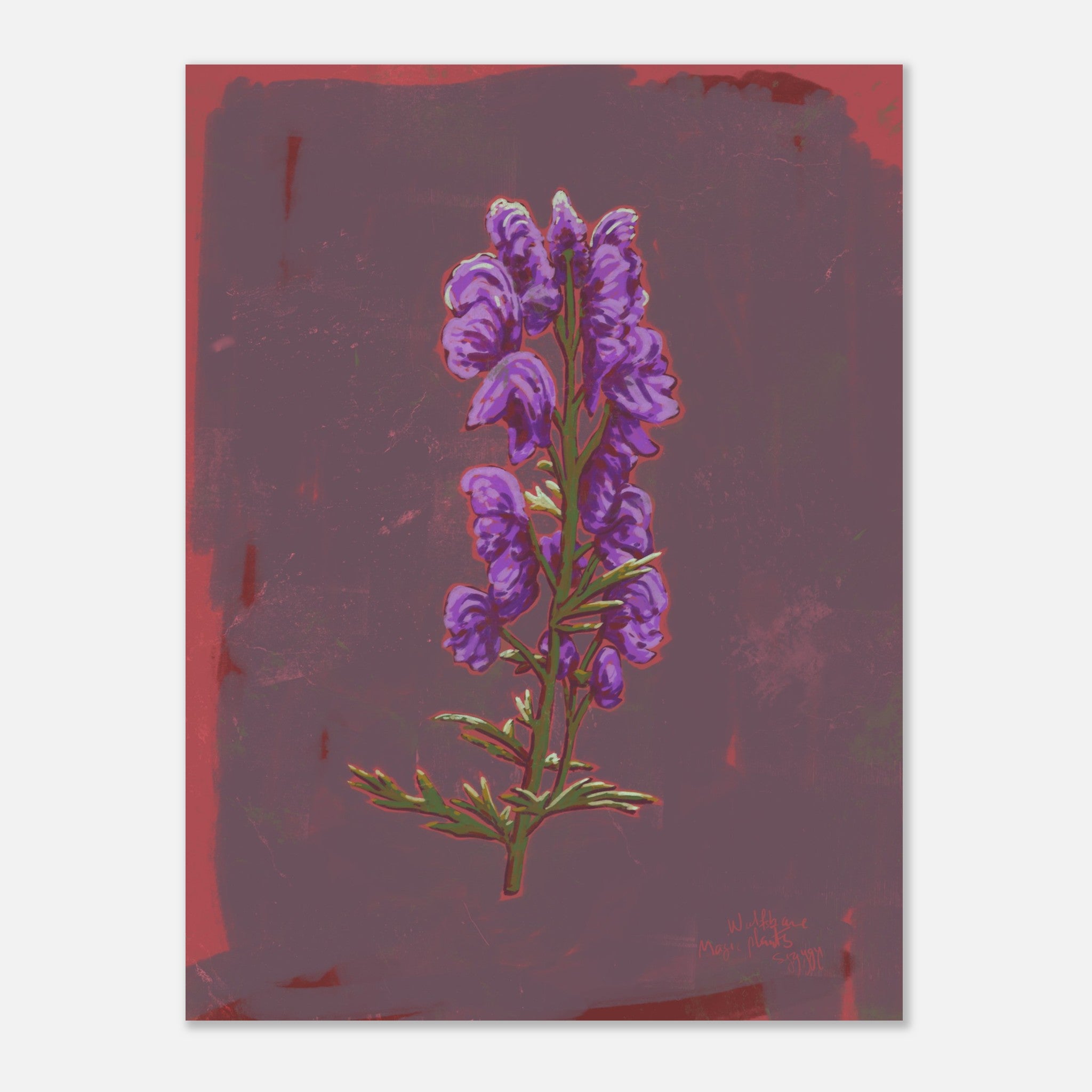 Purple flower illustration on a textured purple background unframed